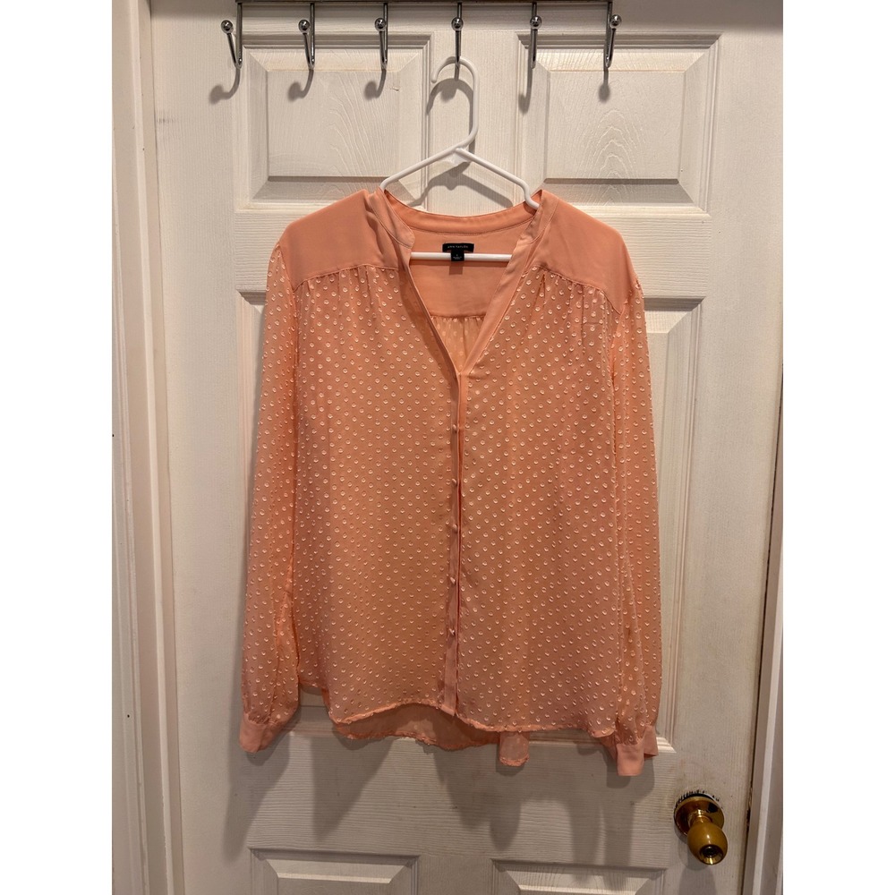 Ann Taylor Womens Large Pink Swiss Dot Sheer Long Sleeve Button Front Blouse